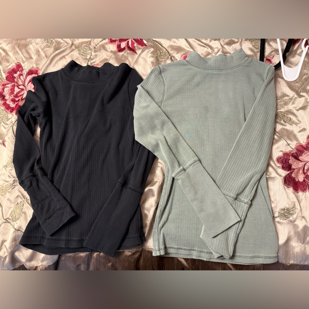 Free People Black and Green Long Sleeve Tops